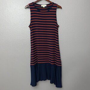 MICHAEL Michael Kors Womans Shark Bite Hem Dress. Blue with Orange/red stripes L